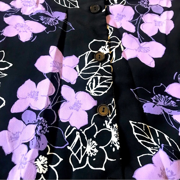 Tradition Plus Short Sleeve Button Down Casual Shirt Black Purple Flower Print - Picture 4 of 7